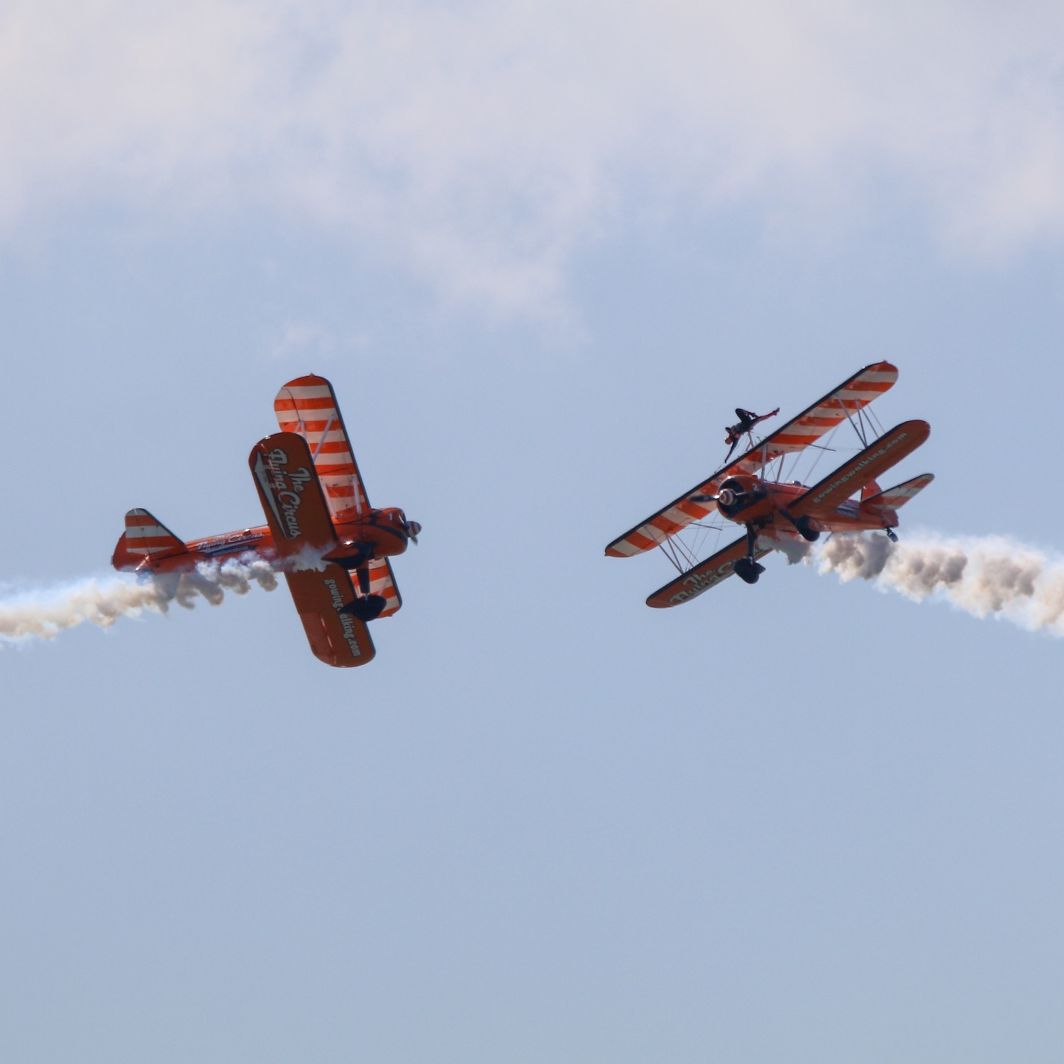 Wingwalkers performing an opposition pass against grey sky