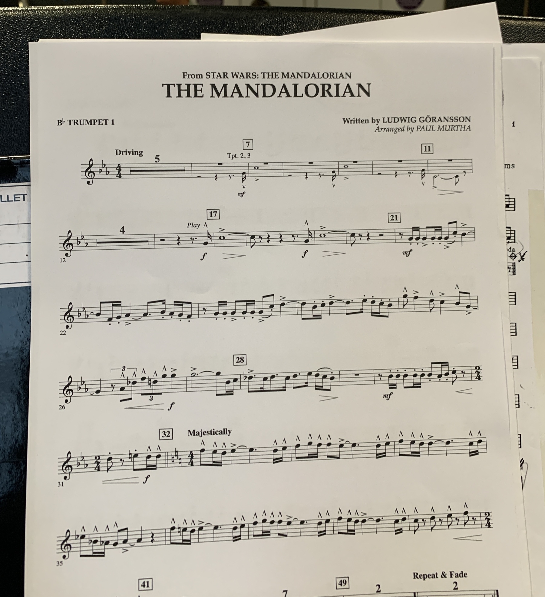 Photo of sheet music for The Mandalorian for first trumpet