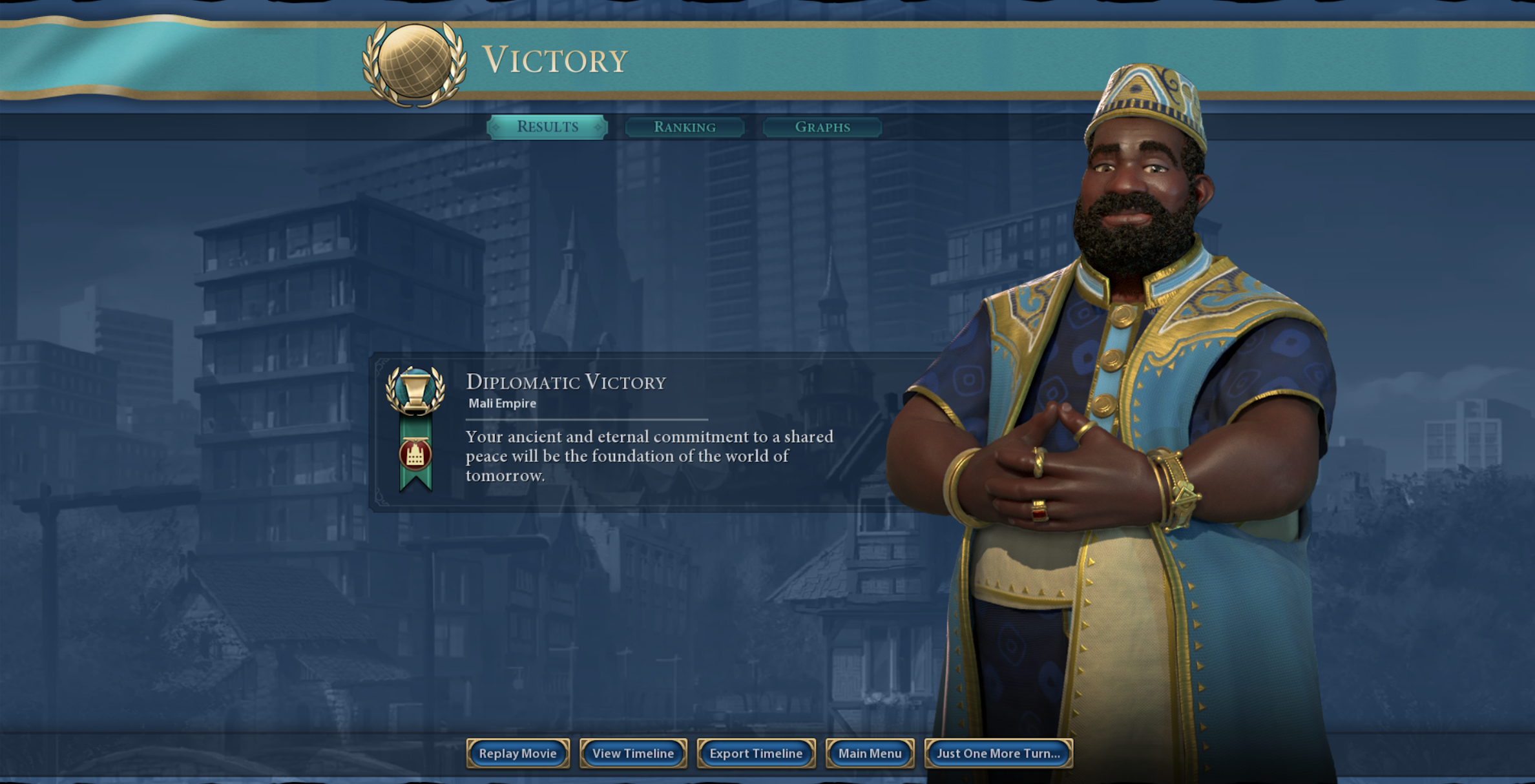 Civ 6 victory screen showing a diplomatic victory for the Mali Empire