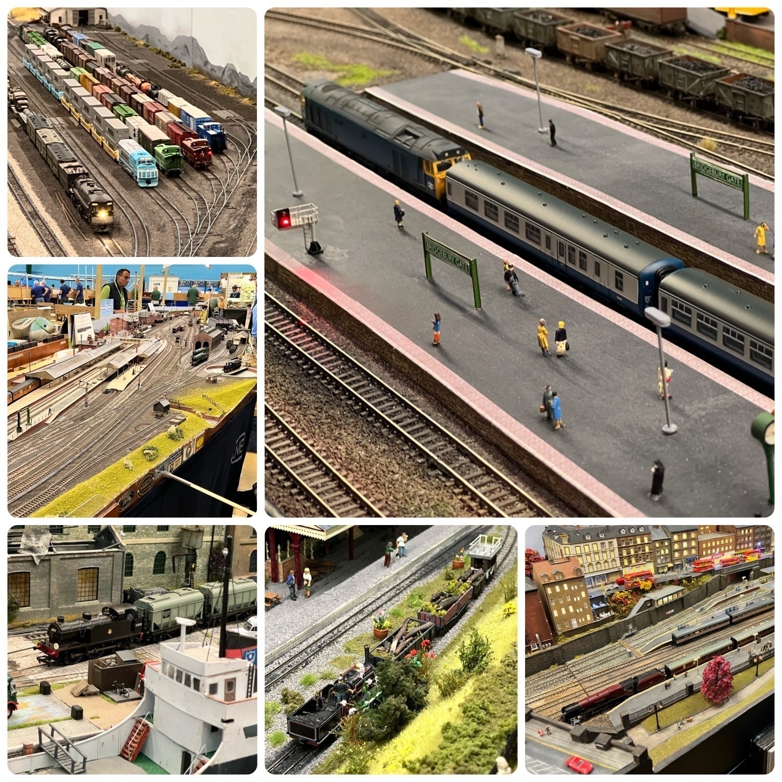 Collage of pictures showing various model railway layouts from the Fareham Model Railway Exhibition