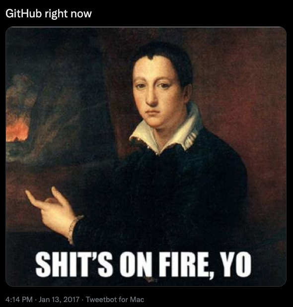 Old painting with "Shits on fire, Yo" written on top