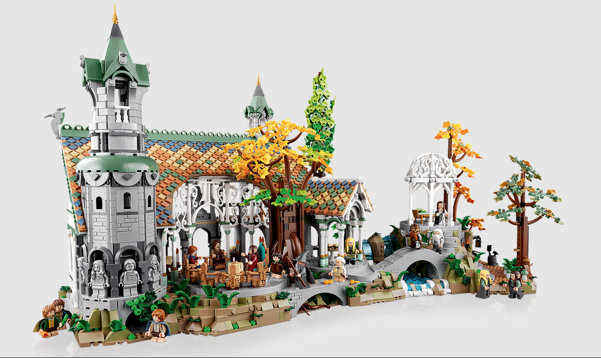 The Lego Rivendell set assembled against a white background. 