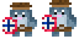 Two pixel art blue sharks wearing a barbarian horned had and a white shield with blue cross and red edging
