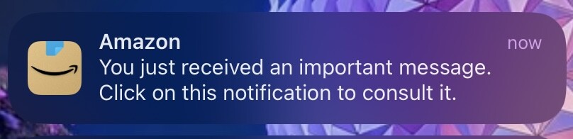 iOS push notification from the Amazon app reading “You just received an important message. Click on this notification to consult it.”