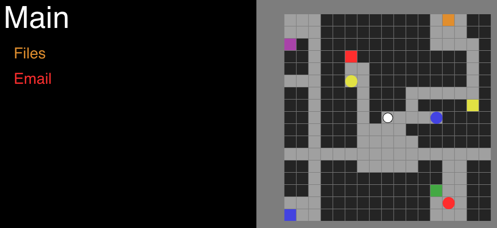 Screen shot of a basic operating system interface listing Main, Files and Email on the left and side. On the right hand side a maze with various coloured circles and walls