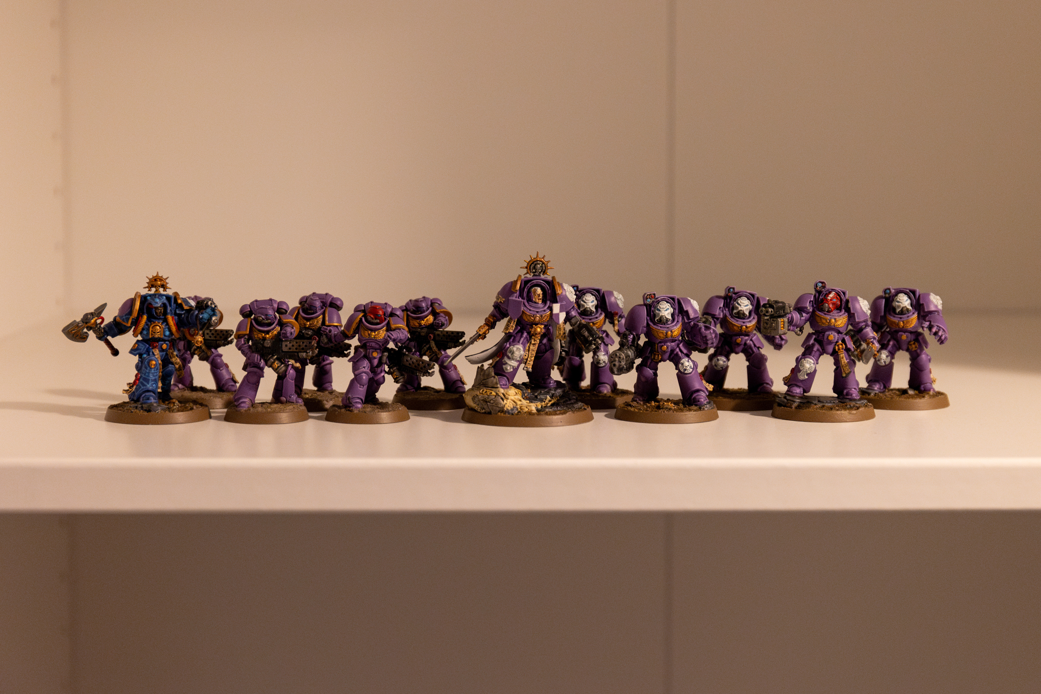 12 Space Marines stood in two ranks. From left to right there’s a Terminator Librarian in dark blue armour with gold trim. His right hand is behind him holding and axe and his right hand is upheld and glowing blue. There’s then a squad of 5 Infernus Marines, there are all in purple and gold armour, with the Sergeant having a red helmet. They are all holding a flame thrower, the Sergeant has his strapped behind him and is throwing a grenade. Next is a Captain in Terminator armour. He is in purple and gold armour and is stood on the corpse of a Tyranid and some rocks. He has a gun in his left hand and a sword in his right. To the right of him is a squad of 5 Terminators in purple and gold armour. These have white helmets except the sergeant who has a red helmet with white stripe. The non-Segargent models have guns and powerfits, while the Sergeant has a gun and a sword.