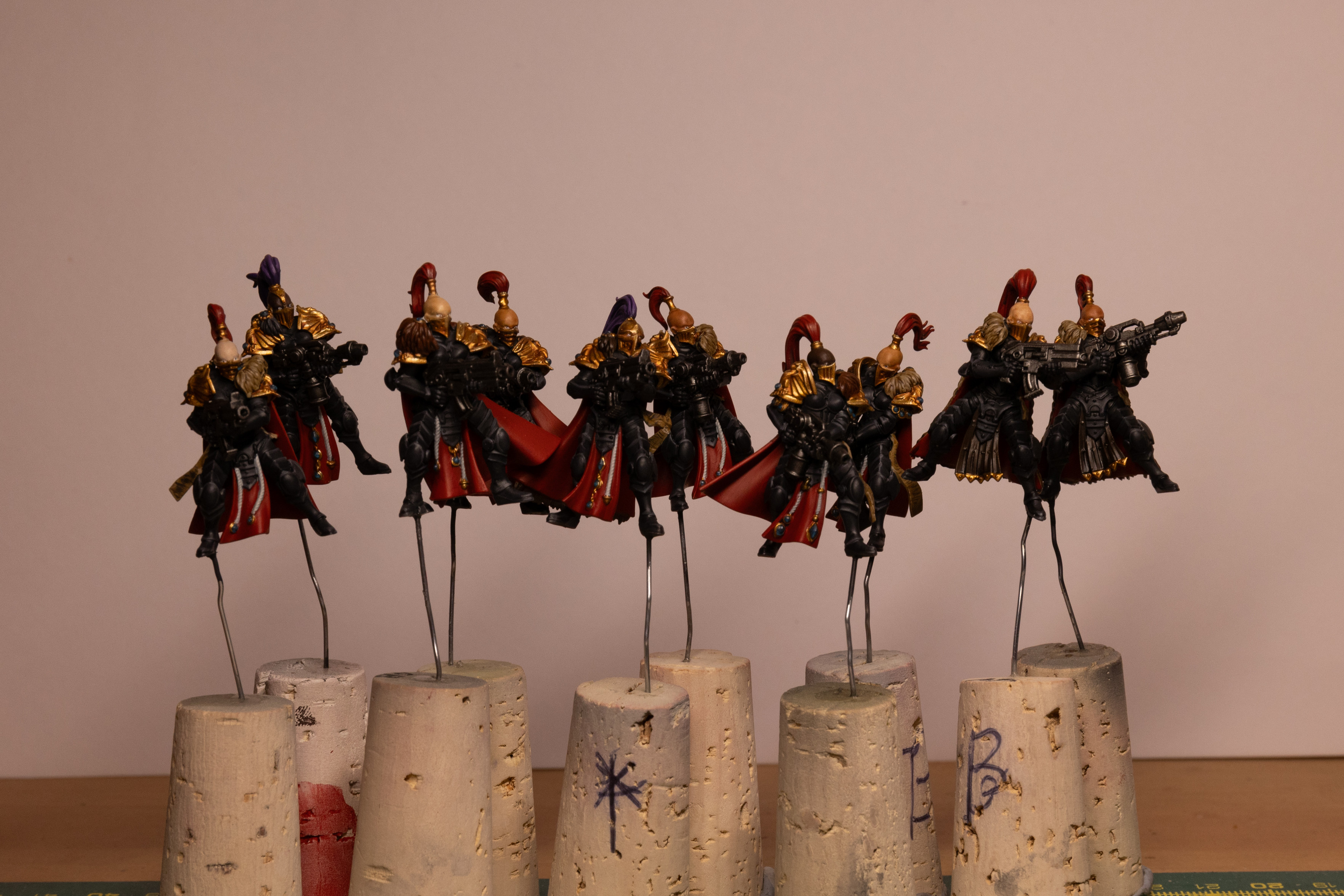Ten Warhammer 40k Sisters of Silence in Shadowkeepers colour scheme. They are female warriors in black armour with gold trim and red capes/plumes. They are bald bar a long plume of hair in a top knot held in place with gold jewellery. Two of the plumes are purple. The are all mounted on metal sticks and corks with various letters and markings on them.