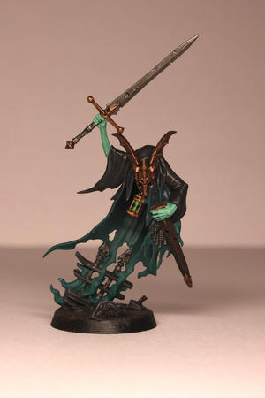 A tall green blue ghost with a black cape, sword and bronze helm. His body is a dark green blue smoke while his hands are a ghoulish green. Has a black cape and is wearing a bronze helm with metal wings. He is holding a long rusted sword above his head. He is formed around a rusted piece of railing on a muddy base