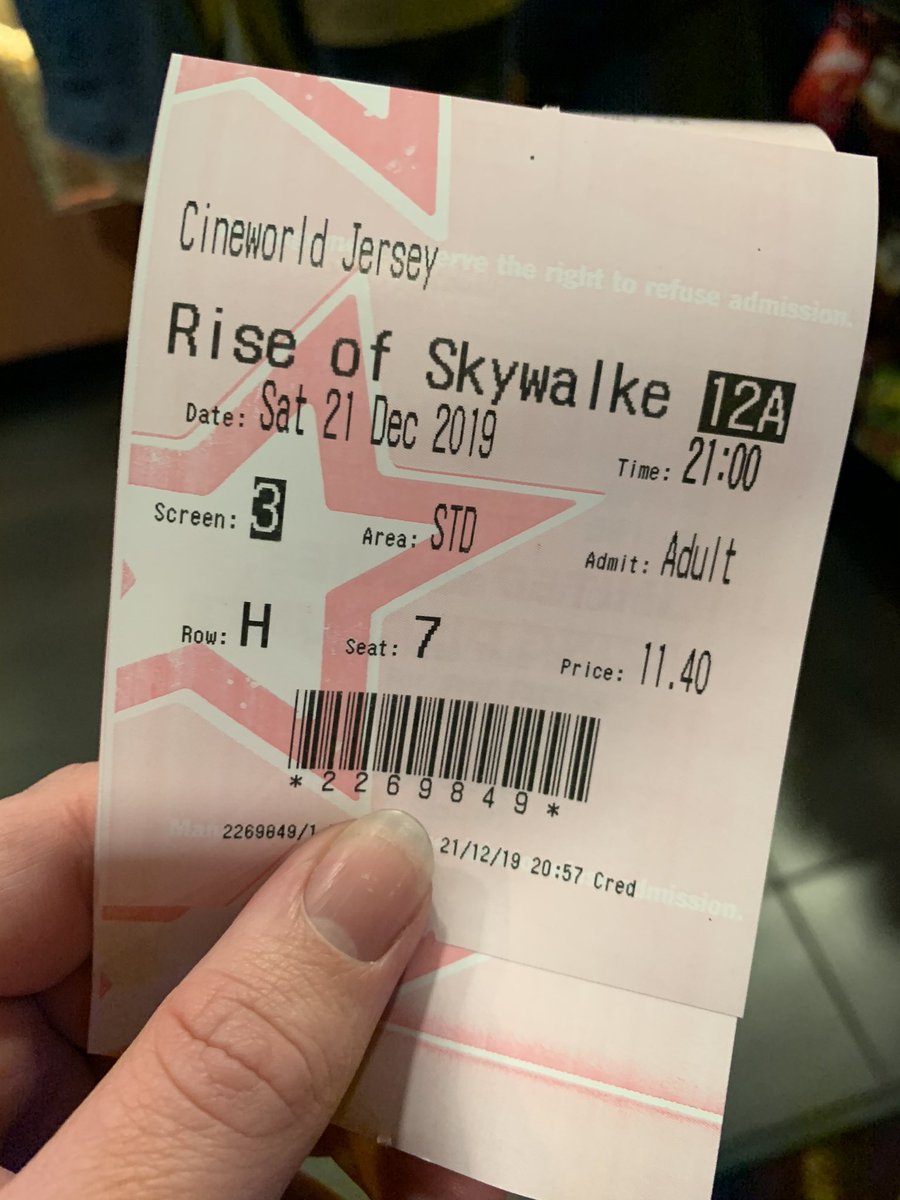 Photo of my movie ticket to see the Rise of Skywalker