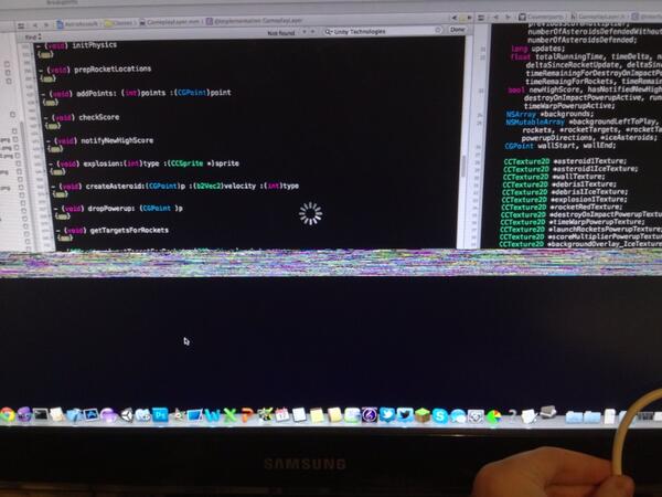 Photos of MacOS computer screen showing Xcode. The bottom galf of the Xcode window has glitched out