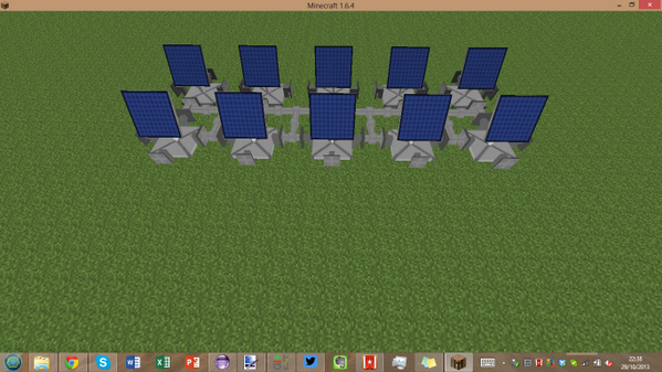 Screenshot of my AdvancedRobotics Minecraft Mod. Showing rows of several tilted solar panels