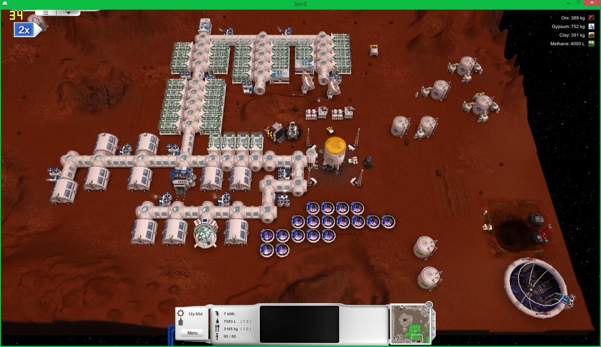 Screen show of the SolZero mars colony survival game showing a medium sized colony
