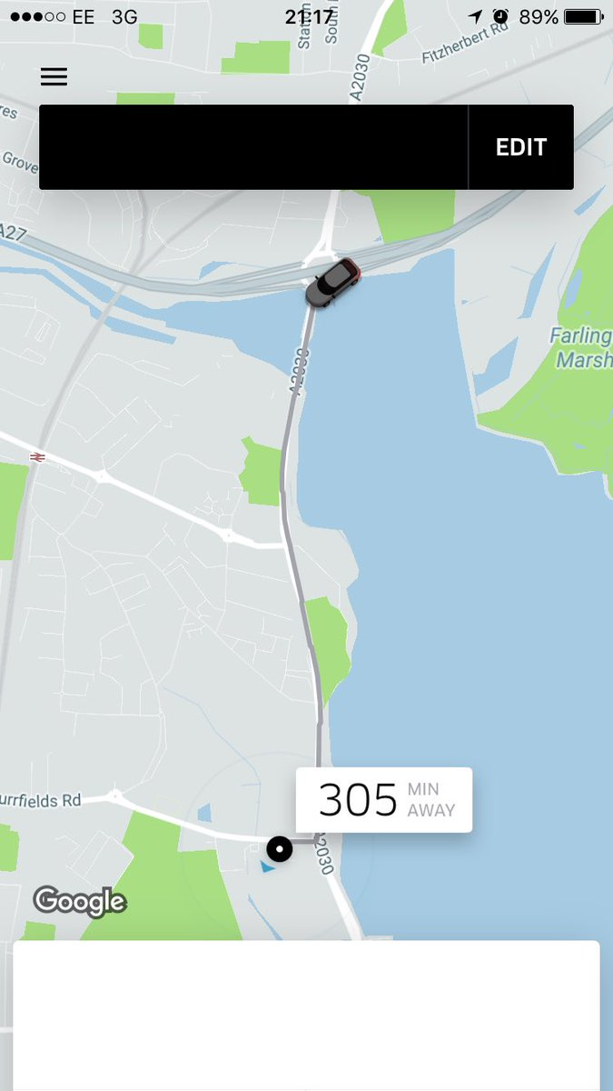 A screen shot of my phone showing the Uber app. The Uber app is showing the taxi is 305 minutes away for a 10 what is a very short distance drive