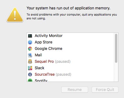 A screen shot of the MacOS task manager saying that an application has run out of memory. It lists multiple programs with Sequel Pro and Source Tree listed in red