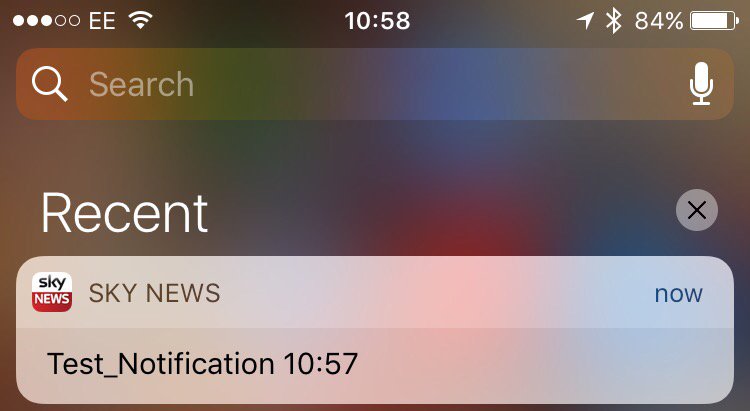 Screenshot of a notification from Sky News saying "Test_Notification 10:57"